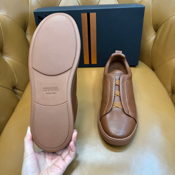 Zegna Men's Triple Stitch Sneakers Full Brown Grain Leather