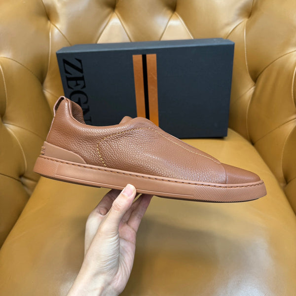 Zegna Men's Triple Stitch Sneakers Full Brown Grain Leather