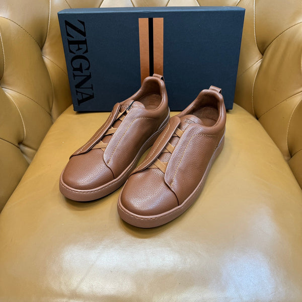 Zegna Men's Triple Stitch Sneakers Full Brown Grain Leather