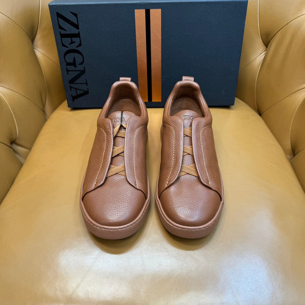 Zegna Men's Triple Stitch Sneakers Full Brown Grain Leather
