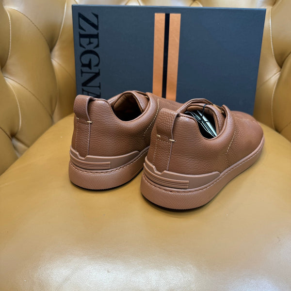 Zegna Men's Triple Stitch Sneakers Full Brown Grain Leather