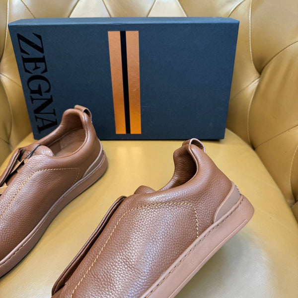 Zegna Men's Triple Stitch Sneakers Full Brown Grain Leather