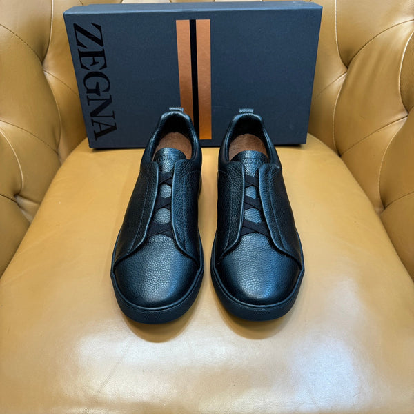 Zegna Men's Triple Stitch Sneakers Full Black Grain Leather
