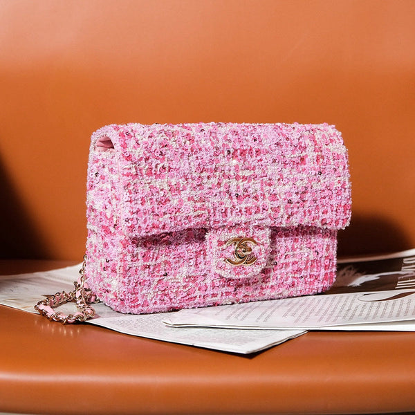 24S Flap Bag 20cm Pink White Sequin Calfskin