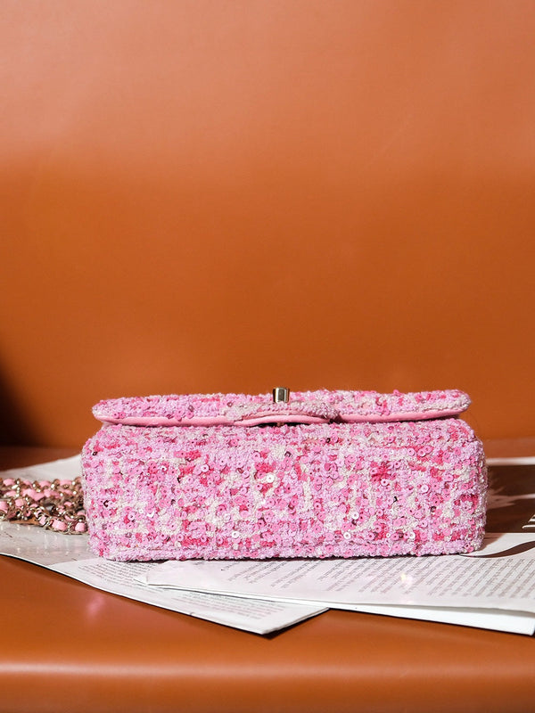 24S Flap Bag 20cm Pink White Sequin Calfskin