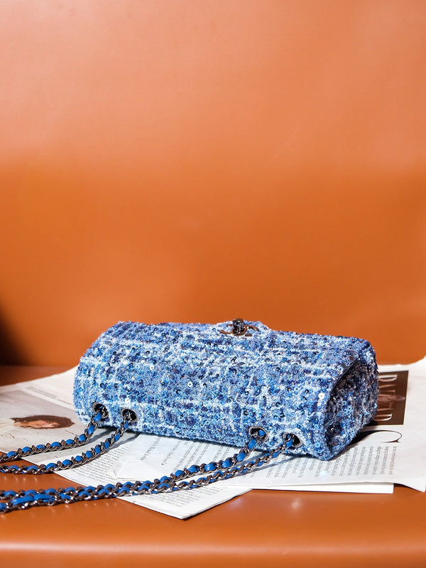 24S Flap Bag 20cm Blue White Sequin Calfskin