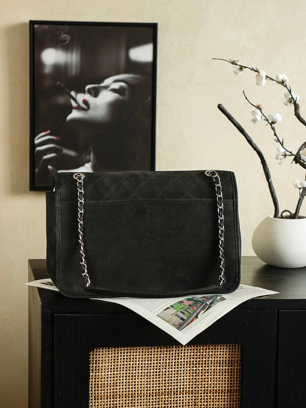 Sac Chanel 25 Classic à rabat simple 35cm en cuir noir 323477