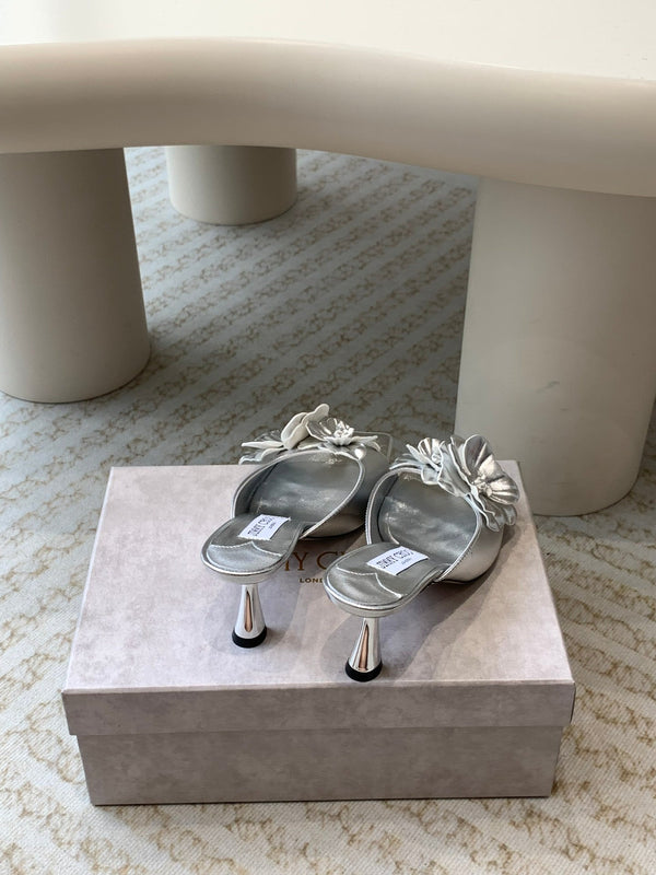 Jimmy Skye 70mm in pelle di vacchetta argento Mules 586565