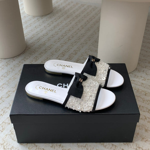mule sandal white calfskin glitter sequin