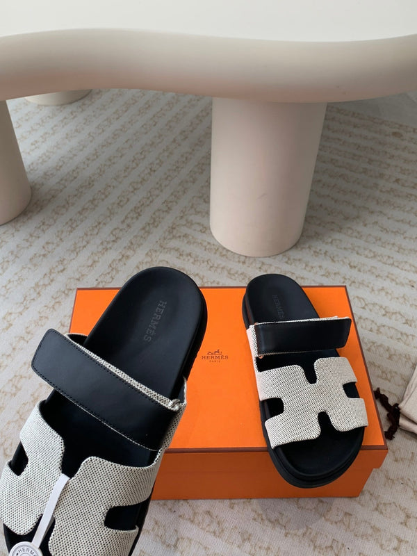 chypre sandal white canvas black calfskin