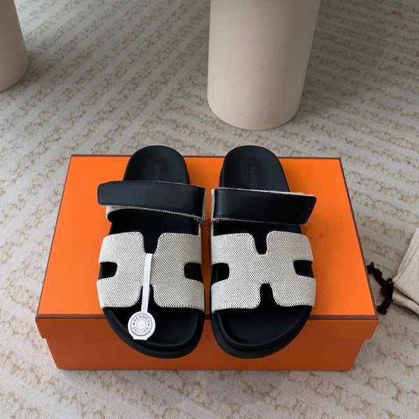 chypre sandal white canvas black calfskin