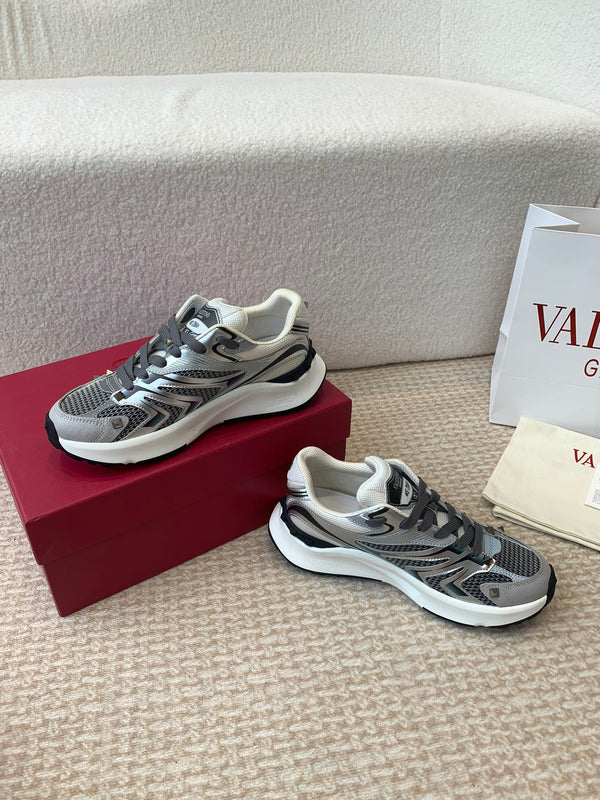 Valentino Sneaker 50mm In Black Mix Grey Blue Mesh Fabric And Cowhide 814272