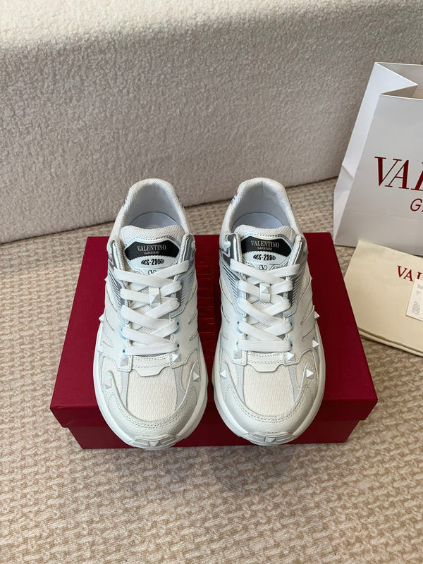 Valentino Sneaker 50mm In White Mix Grey Blue Mesh Fabric And Cowhide  814274