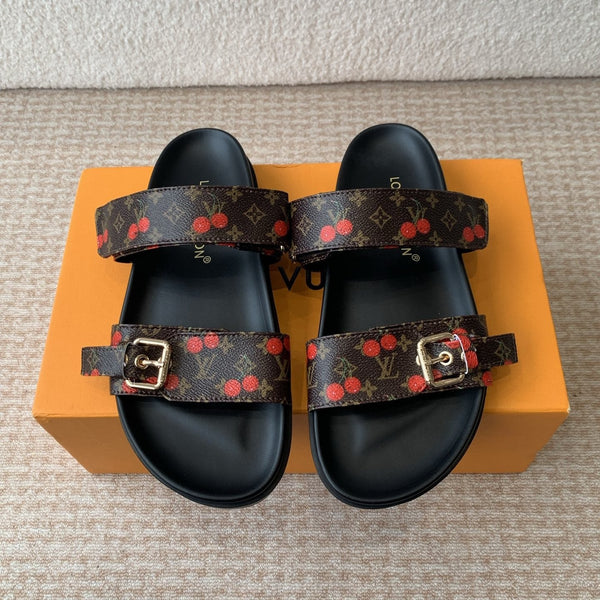 Bom Dia Flat Comfort Mule LV x TM in pelle di pecora marrone con motivo ciliegia 319378