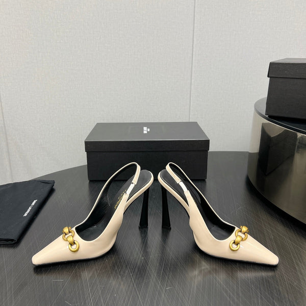 GOLD CHAIN ATTACHED HIGH SLINGBACK IN CREAM GLOSSY CALFSKIN