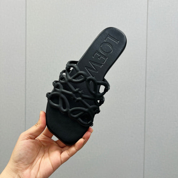 Loewe 25 Petal Anagram Slides Nero Pelle di Vacchetta
