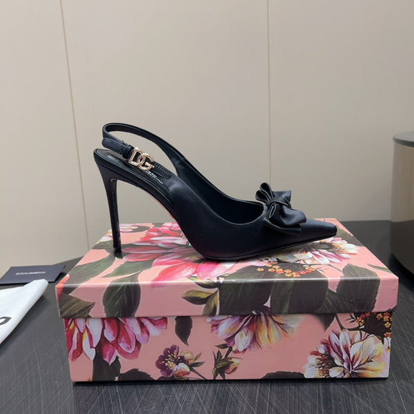DC 25 Toe Bow Slingback Pumps 100mm Black Silk And Sheepskin 381612