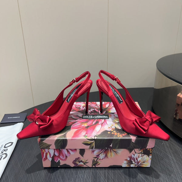 DC 25 Toe Bow High Heel Shoes 100mm Red Silk And Sheepskin 381613