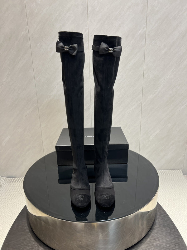 CC 25 Bowknot Stretch Boots Black Velvet Sheepskin 516421