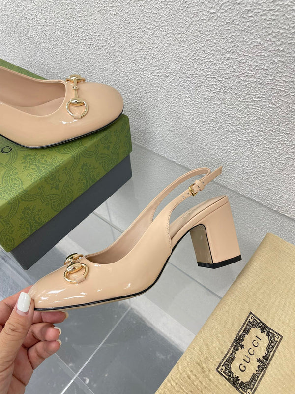 GG WOMEN'S HORSEBIT SLINGBACK 65MM IN TAN BEIGE CALFSKIN