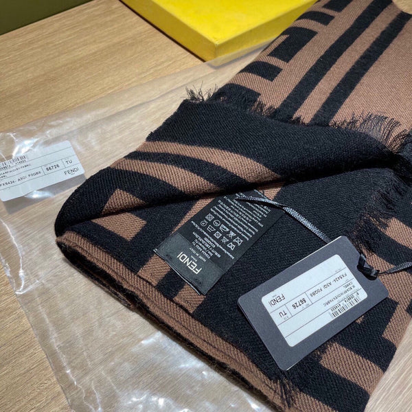 SCIARPA FF 180 CM IN MISTO CASHMERE E LANA MARRONE CAMMELLO NERO