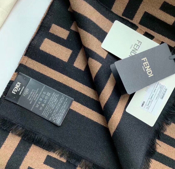 SCIARPA FF 180 CM IN MISTO CASHMERE E LANA MARRONE CAMMELLO NERO