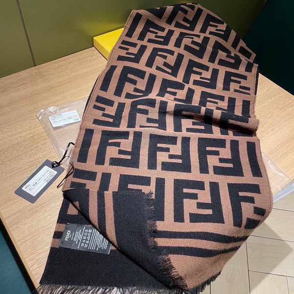 SCIARPA FF 180 CM IN MISTO CASHMERE E LANA MARRONE CAMMELLO NERO