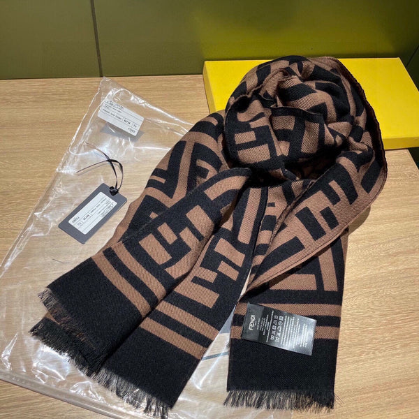 SCIARPA FF 180 CM IN MISTO CASHMERE E LANA MARRONE CAMMELLO NERO