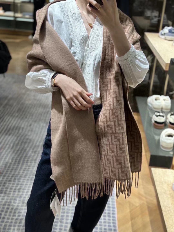 SCIARPA FF 180 CM IN LANA E CASHMERE MONOGRAM MARRONE MEDIO 411831