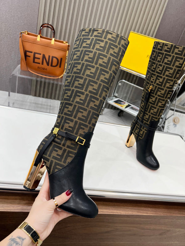FENDI knee boots high heel monogram black cowhide 521216