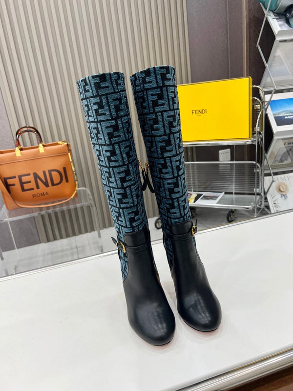 FENDI knee boots high heel monogram blue black cowhide 521217