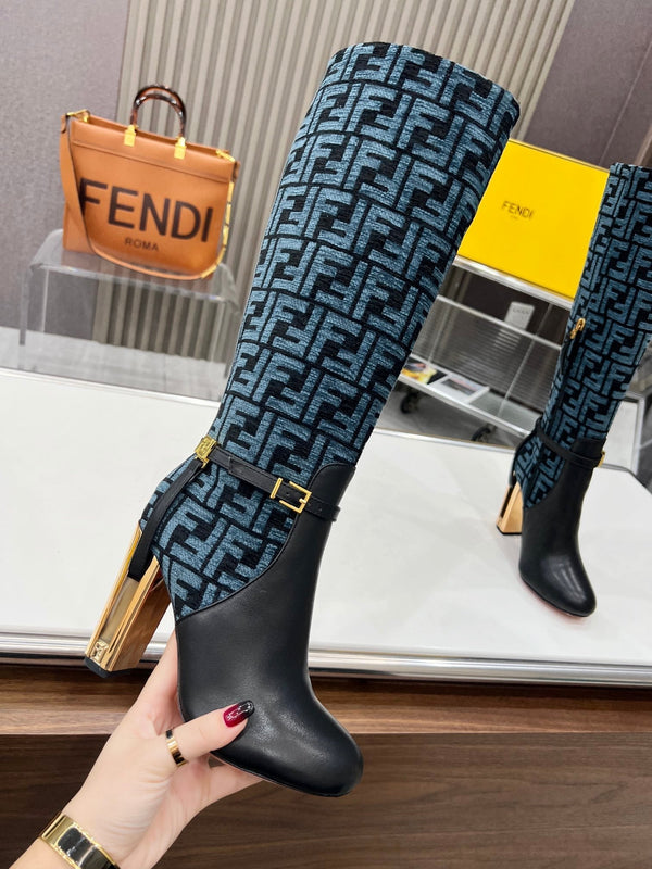 FENDI knee boots high heel monogram blue black cowhide 521217