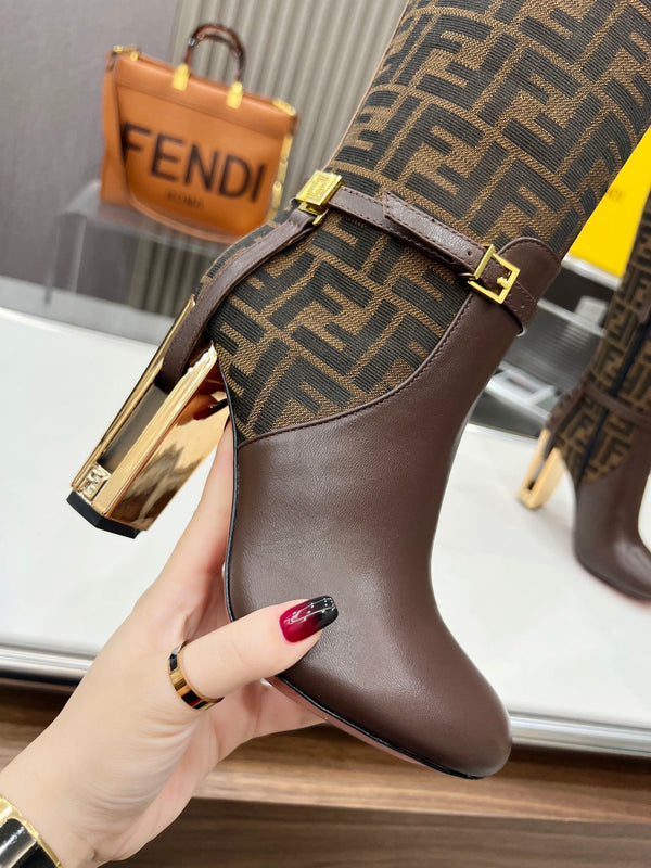 FENDI knee boots high heel monogram brown cowhide 521218