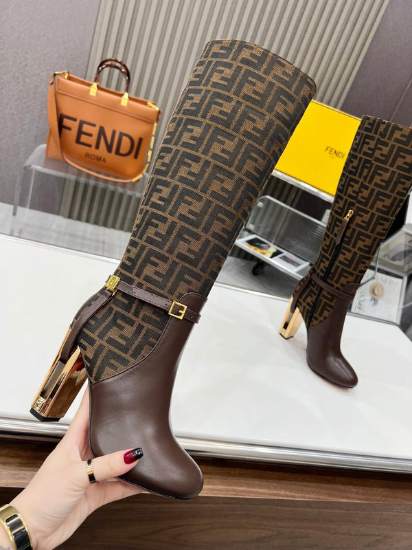 FENDI knee boots high heel monogram brown cowhide 521218