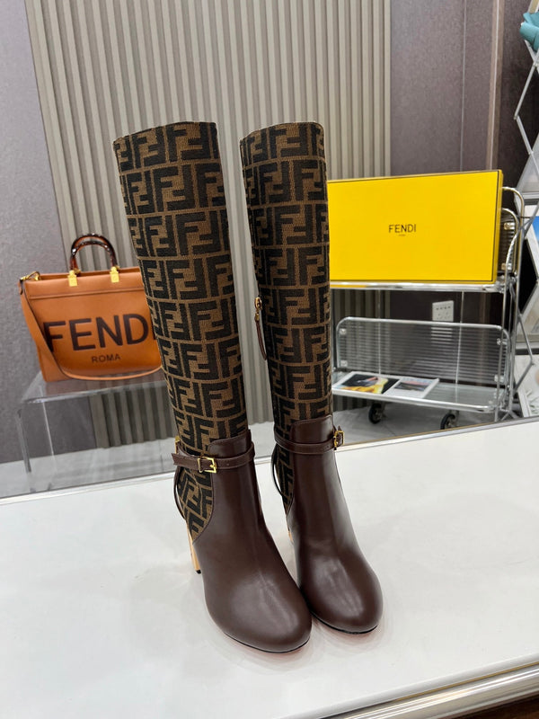 FENDI knee boots high heel monogram brown cowhide 521218