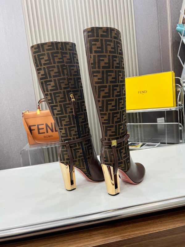 FENDI knee boots high heel monogram brown cowhide 521218