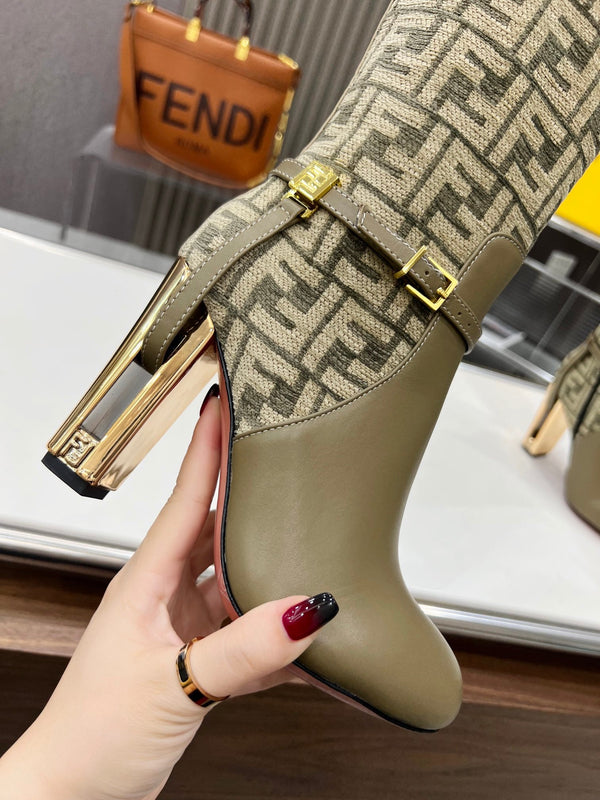 FENDI knee boots high heel monogram olive cowhide 521219