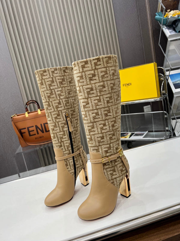 FENDI knee boots high heel monogram beige cowhide 521220