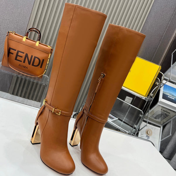 FENDI knee boots high heel caramel brown cowhide 521208