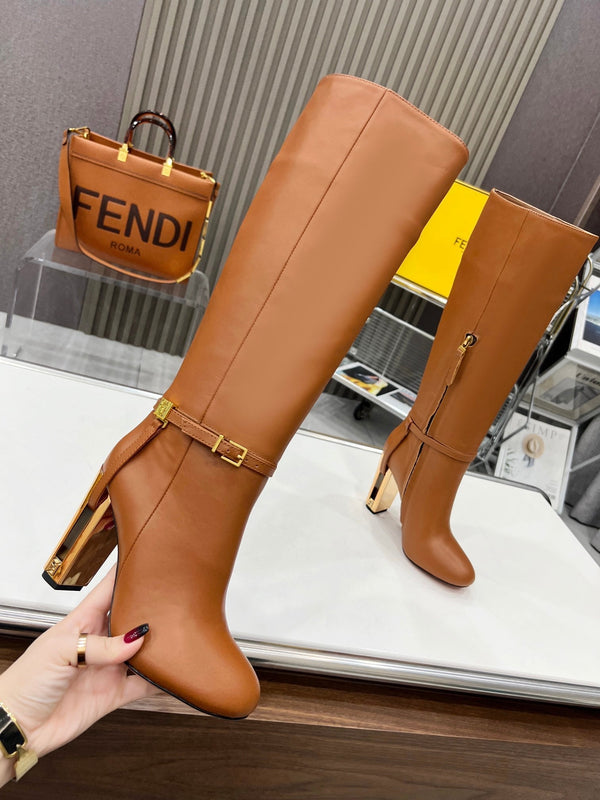 FENDI knee boots high heel caramel brown cowhide 521208