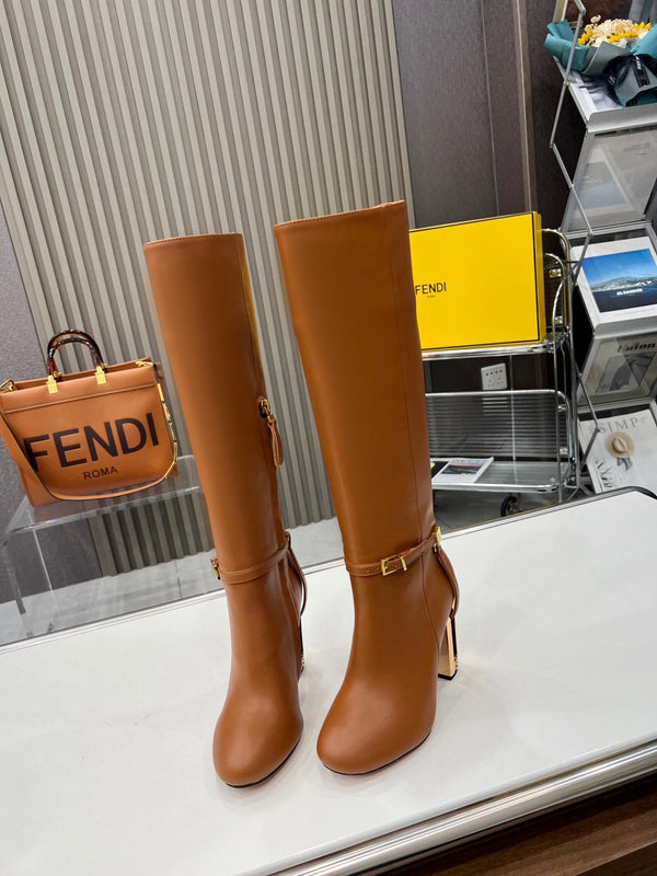 FENDI knee boots high heel caramel brown cowhide 521208