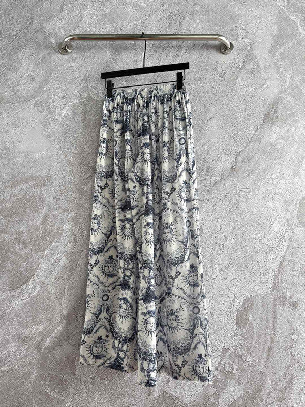CD Sun God Printed Wide Leg Pants Beige Blue Cotton