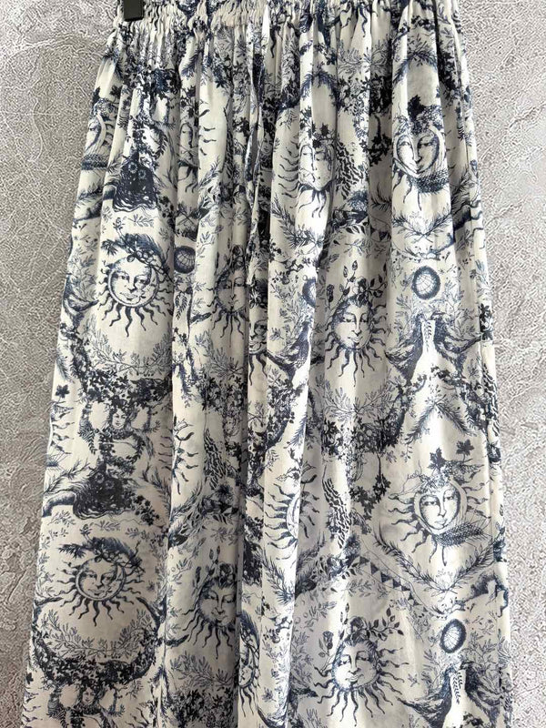 CD Sun God Printed Wide Leg Pants Beige Blue Cotton