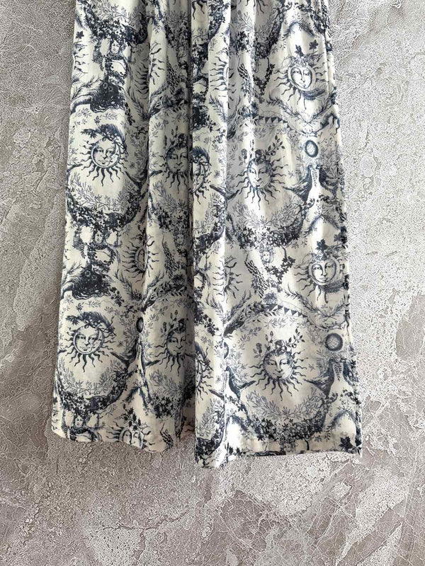 CD Sun God Printed Wide Leg Pants Beige Blue Cotton