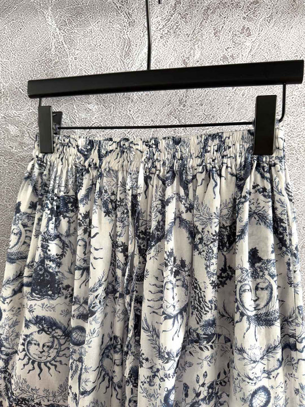 CD Sun God Printed Wide Leg Pants Beige Blue Cotton