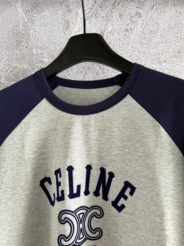 Celine 25 Flocked T-shirt Gray mix Navy Blue Cotton