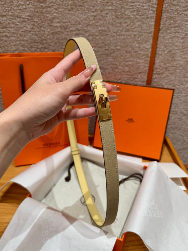 HM Kelly Belt 18mm Beige Canvas Epsom Leather Gold Buckle