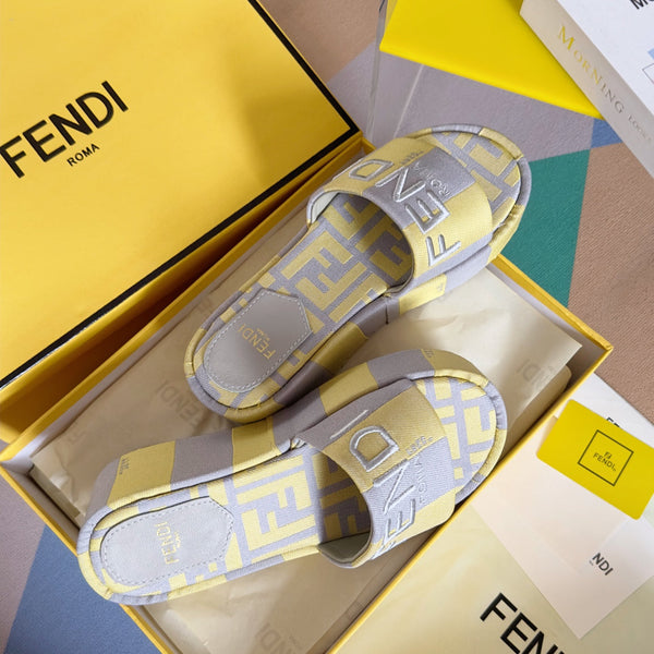 Ciabatte flatform in tela grigia gialla FF Sunshine 65