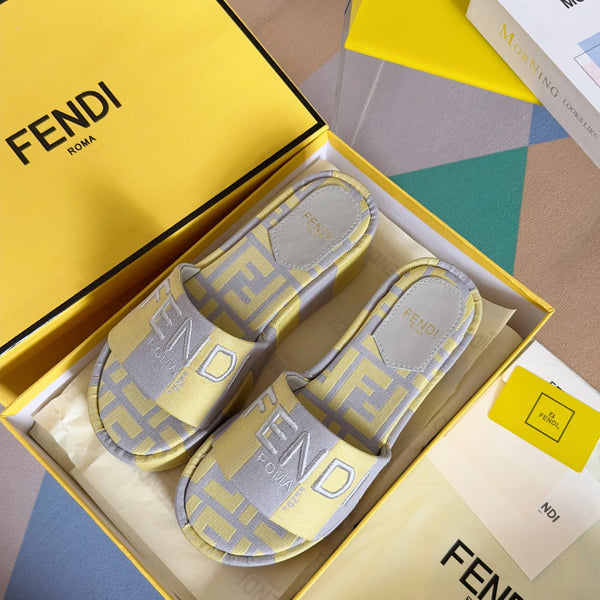 Ciabatte flatform in tela grigia gialla FF Sunshine 65