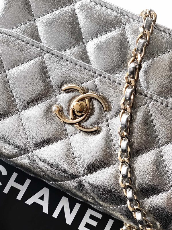 CC Mini Flap Bag 15 With Handle Sliver Metalic Lambskin
